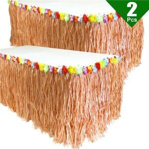 Pack of 2, 9 feet X 29" Luau Grass Table Skirt,Hawaiian Luau Libiscus TableSkirt